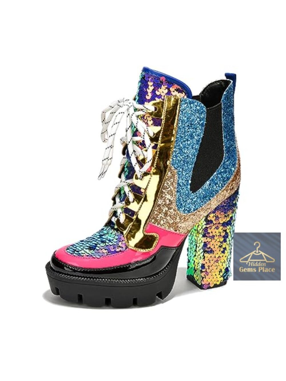 Faux Leather Glitter Rhinestone Cowboy Booties Ankle Boots Block Heel Lace-Up